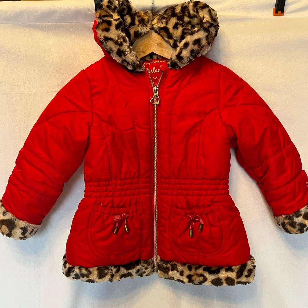 Pistachio Girls red and animal print puffer winter jacket
